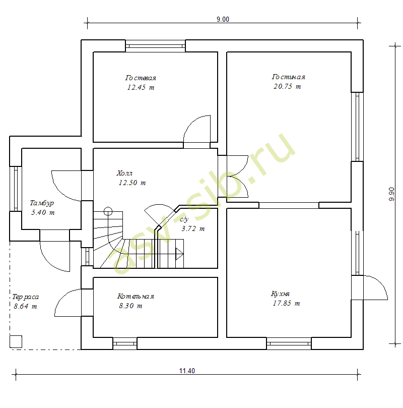 План первого этажа дома из газобетона `Сибит` по проекту П-163
