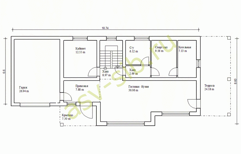 План первого этажа дома из бетона с гаражом и террасой, проект П240-187