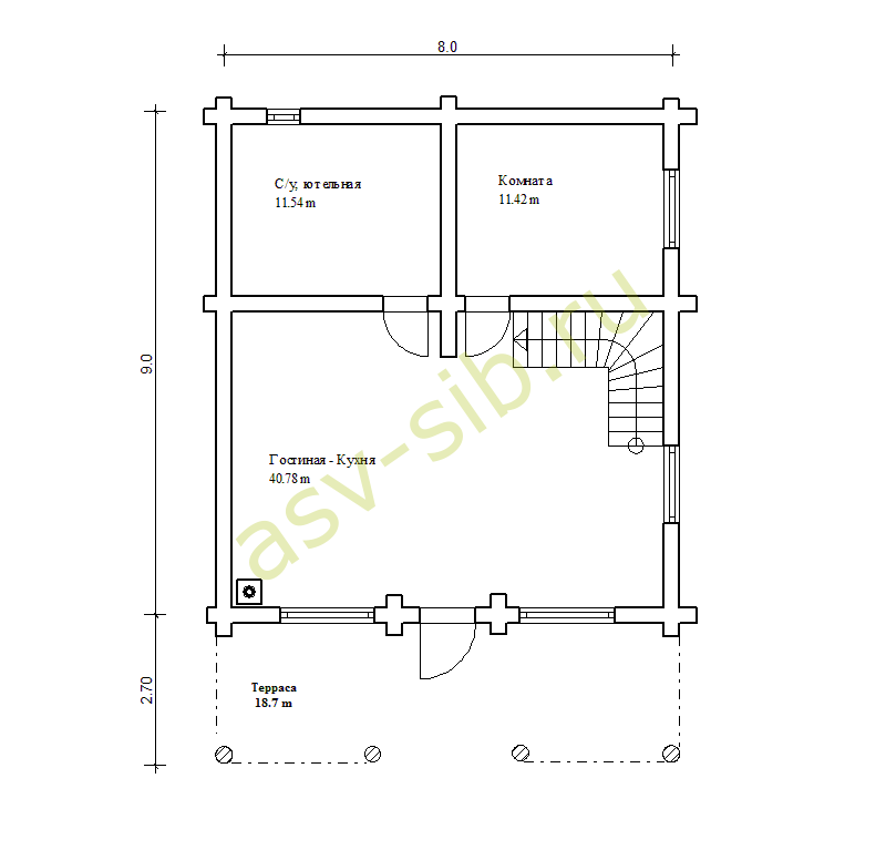 План первого этажа дома из оцилиндрованного бревна с террасой и вторым светом ОБ-97