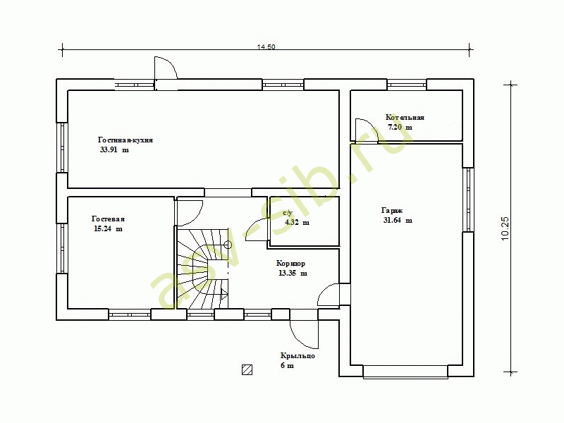 План первого этажа кирпичного дома с гаражом по проекту К-203.