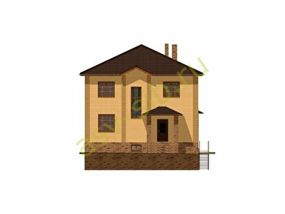 Проект дома из кирпича с цоколем и террасой: передний фасад.