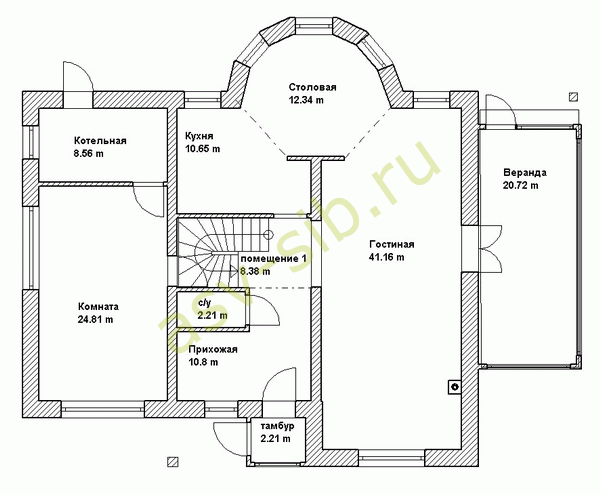Кирпичный дом с террасой по проекту К-247: план 1-го этажа